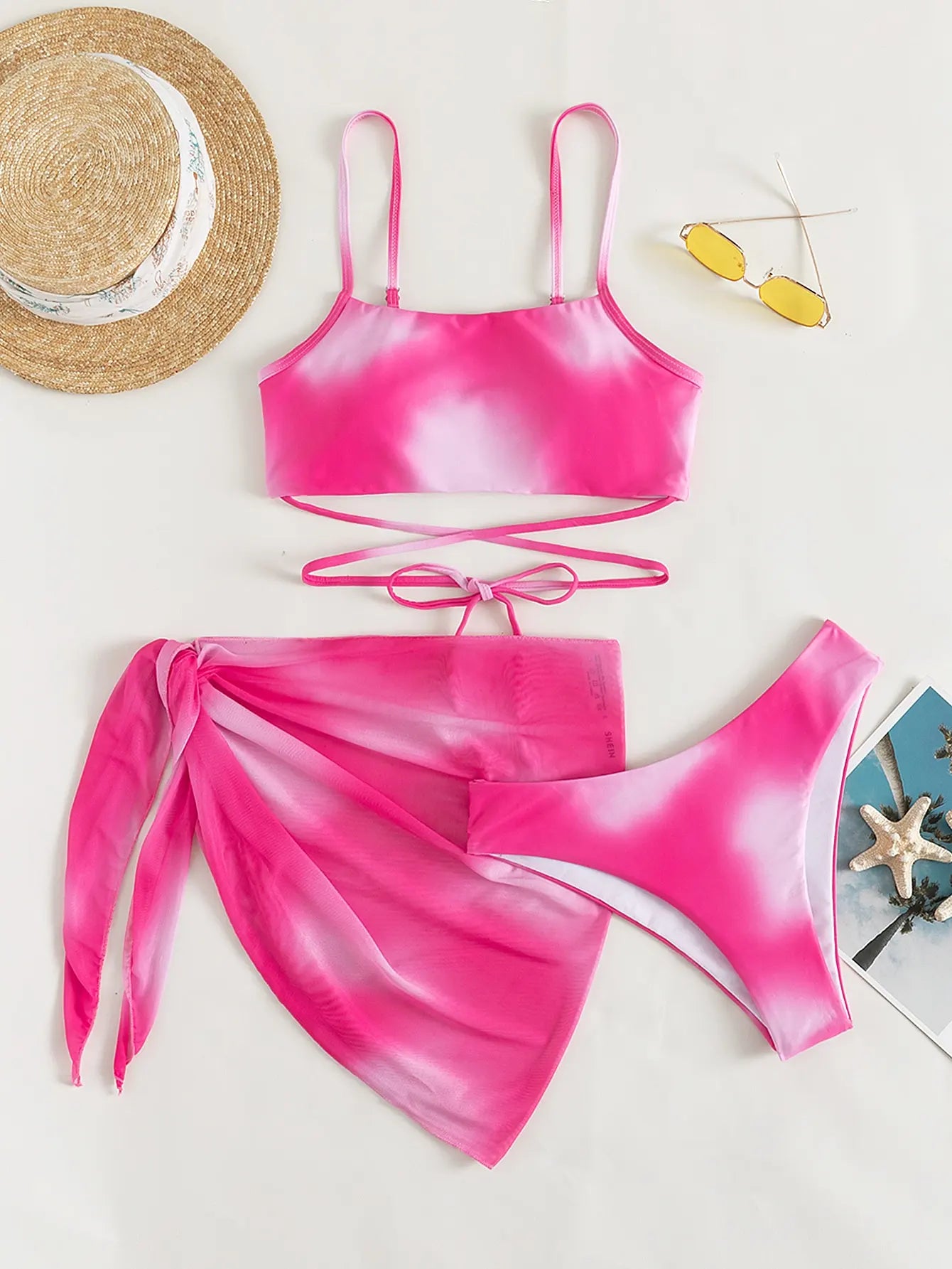 3 Pieces Ombre Lace Up Bikini Swimsuit & Beach Skirt Sexy Swimwear Women 2025 Bathing Swimming Swim Suit Female Summer Beachwear