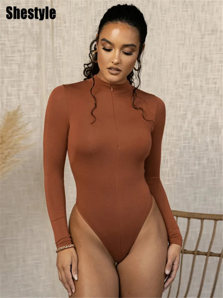 Shestyle Solid Zipper Bodycon Bodysuits Women Sexy Mock Neck Autumn Long Sleeve Fashion Slim Basic Body Winter Gray Outfits Lady