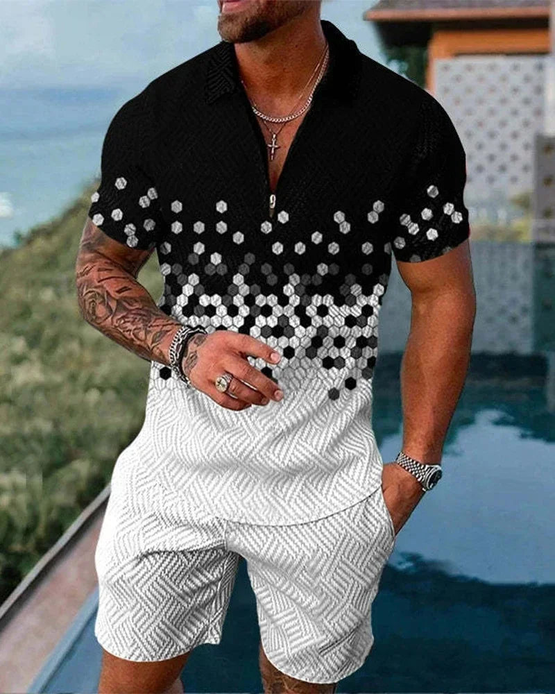 Trendy Bohemian Geometric Style 3D Printed Men's Polo Shirt Set Zipper Polo Shirt Set Zipper Collar + Shorts 2 Pieces Hawaii Hol