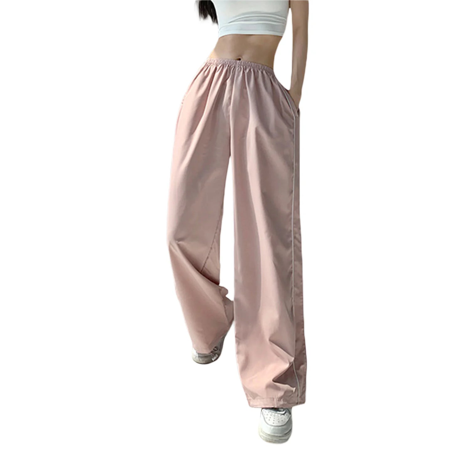Women Loose Cargo Pants Casual y2k Solid Color Black Elastic Waist Wide Leg Joggers Trousers with Pockets for 2000s Streetwear