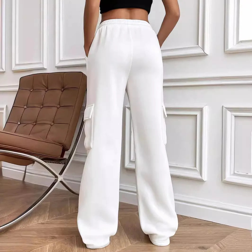 Women Gery Straight Leg Guard Pants Pockets Casual Elastic Waist With Drawstring 2024 Autumn Spring Black Trousers Pantalon