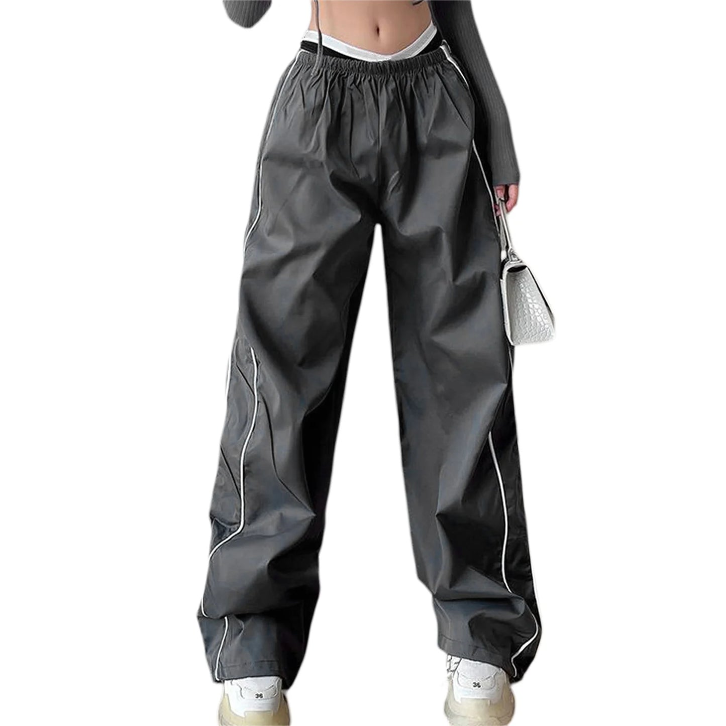 Women Loose Cargo Pants Casual y2k Solid Color Black Elastic Waist Wide Leg Joggers Trousers with Pockets for 2000s Streetwear