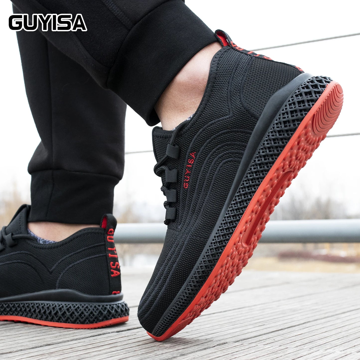GUYISA men's safety shoes with steel toe caps, anti smashing and anti piercing rubber soles, wear-resistant and soft, long weari