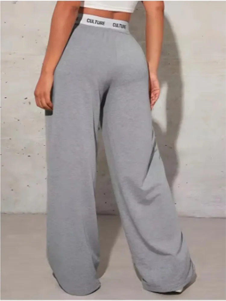 Autumn High Waisted Slightly Elastic Pants Gray Letter Printed Sports Pants Casual Outdoor Women's Versatile Wide Leg Pants