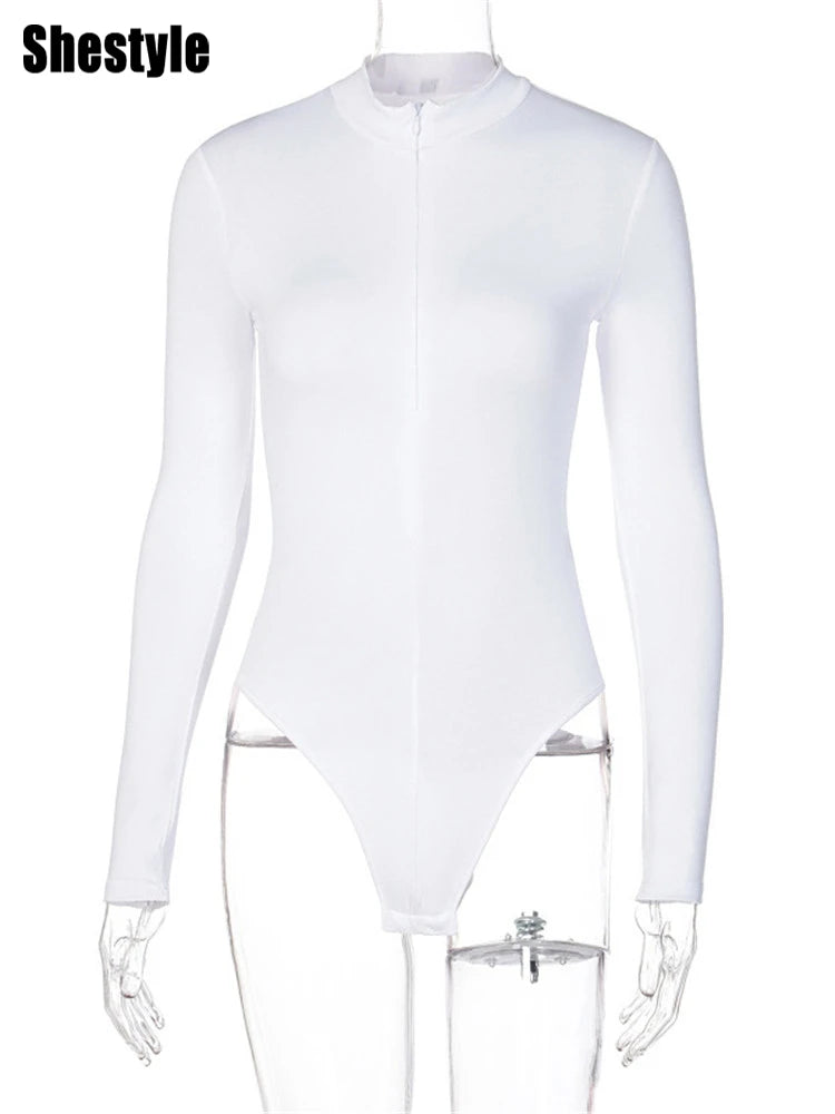 Shestyle Solid Zipper Bodycon Bodysuits Women Sexy Mock Neck Autumn Long Sleeve Fashion Slim Basic Body Winter Gray Outfits Lady