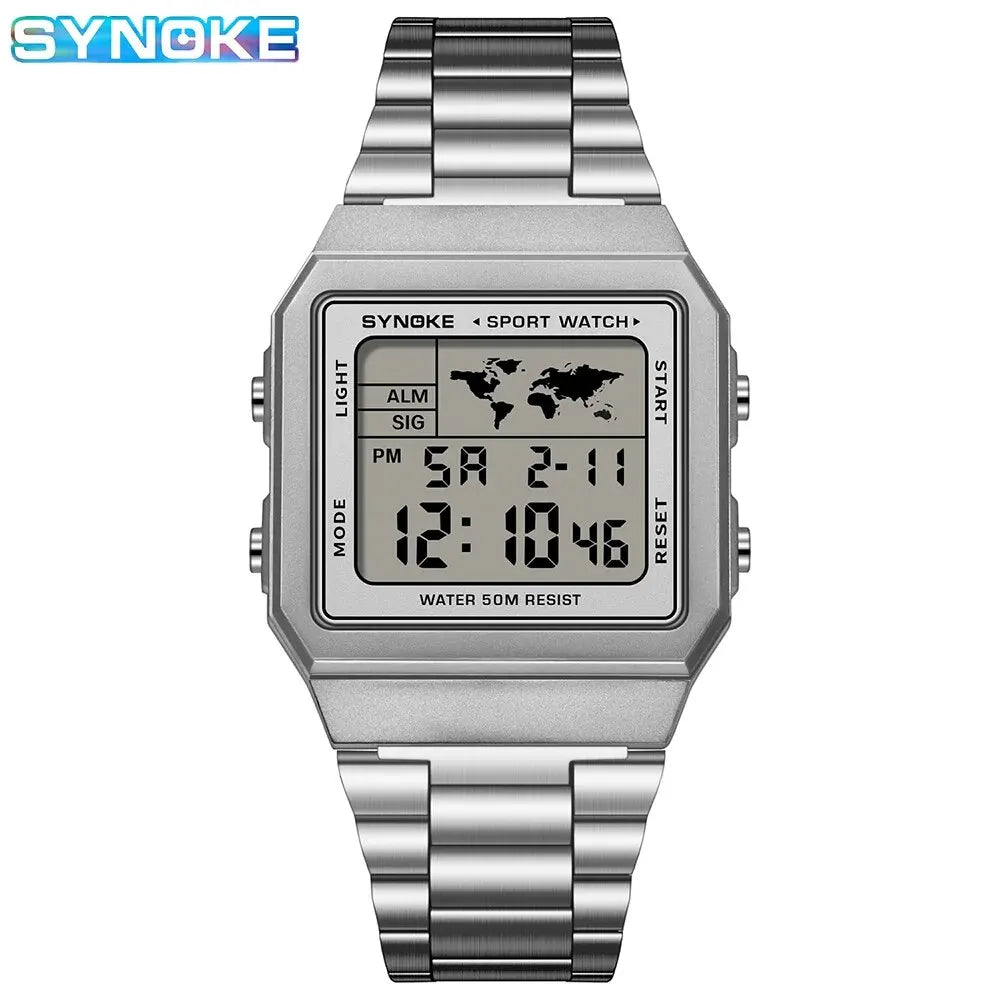 SYNOKE Top Brand Luxury Stainless Steel Chrono Sport Watches Men Back Light Display Digital Wristwatch 5Bar Waterproof Reloj Hom