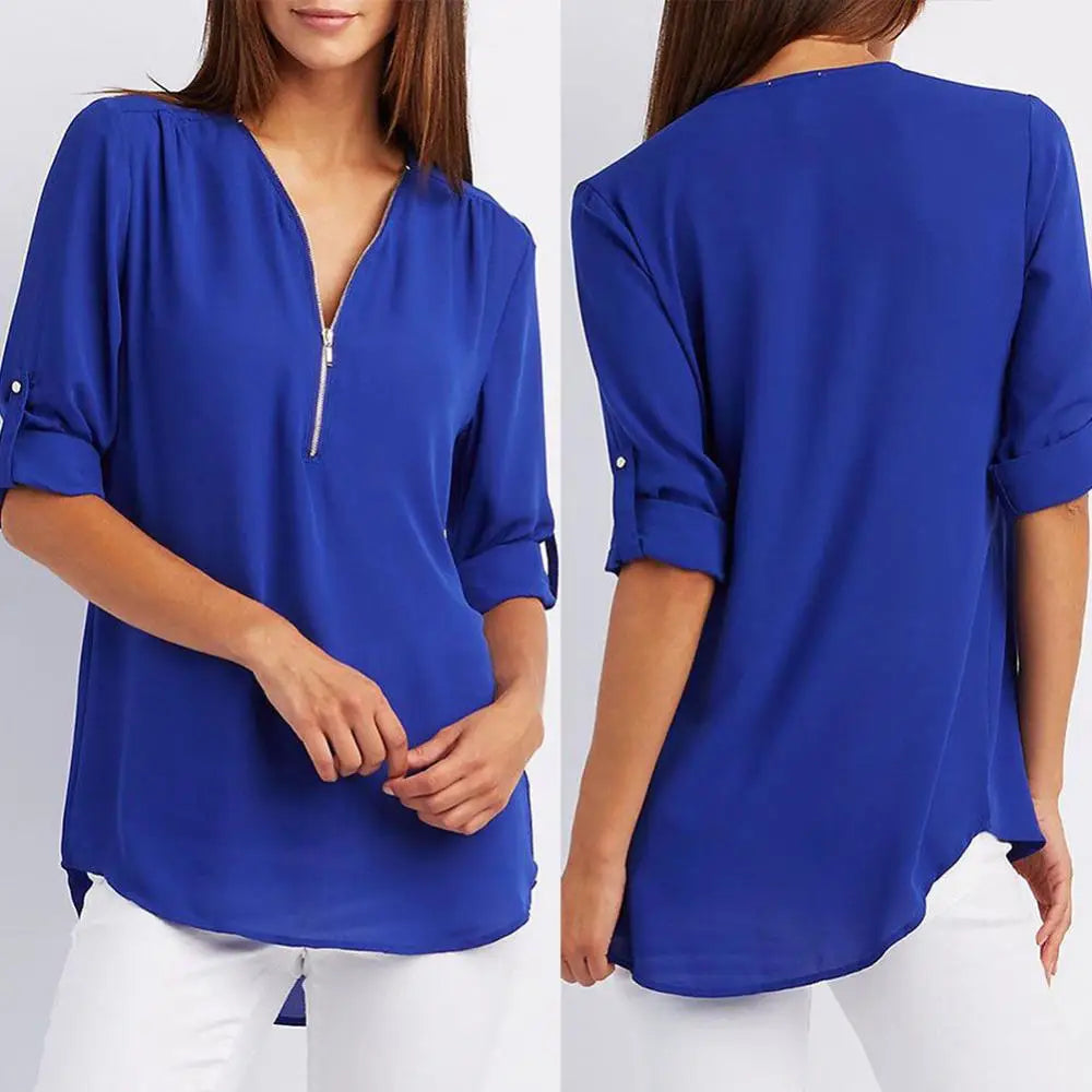 Loose Shirt Blouse Casual Solid Color Office Lady Sexy Zipper V Neck Half Sleeve Blouse