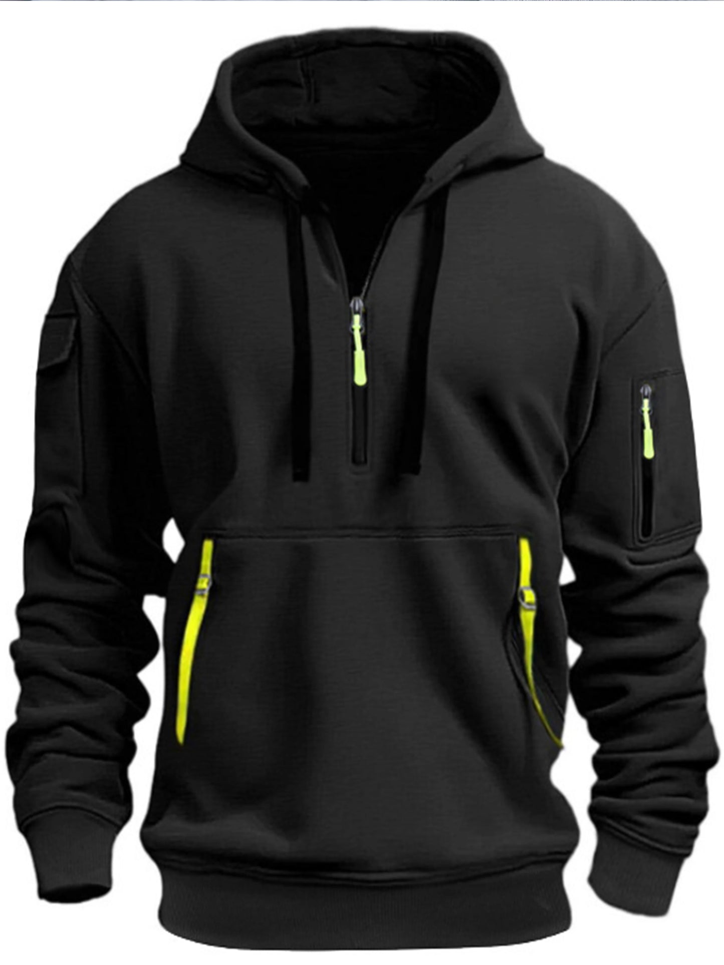 Men's casual sports hoodie, spring and autumn fashion arm pocket pull rope hooded solid color loose long-sleeved blouse pullover