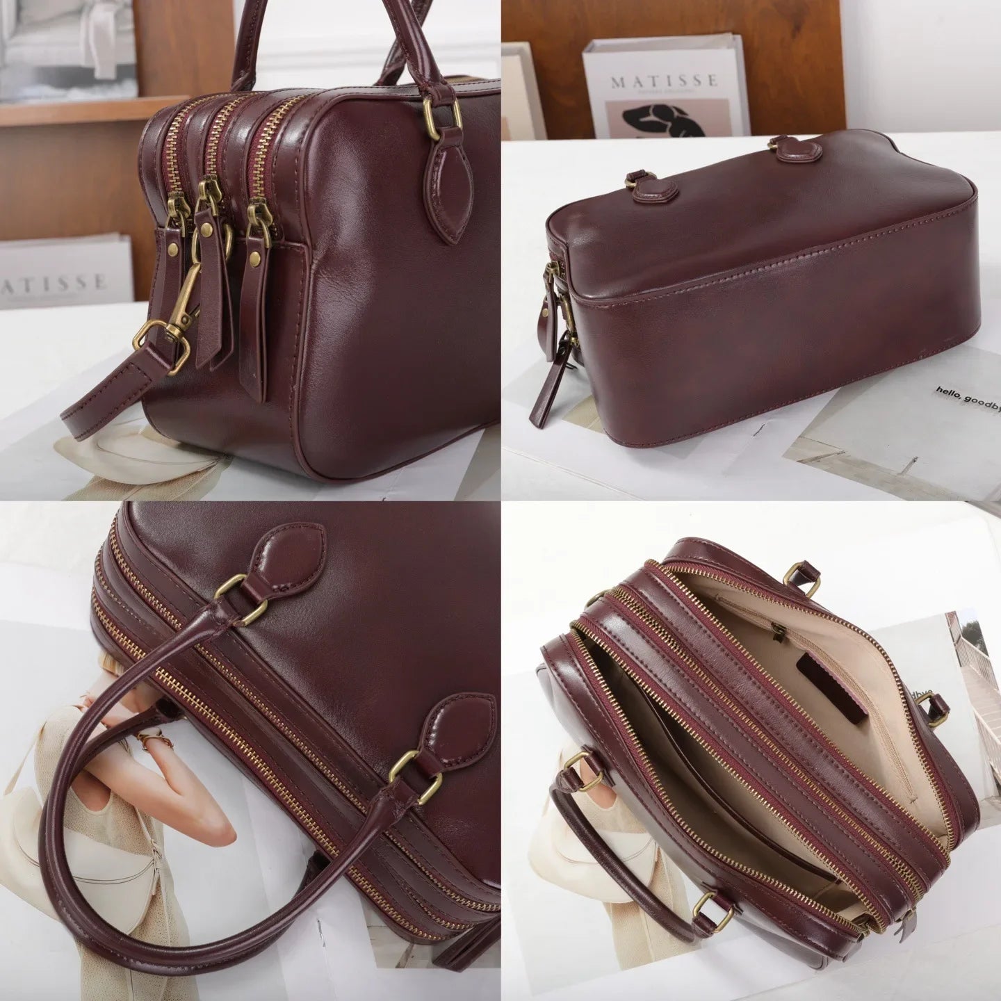 Casual Fashion Retro Handbag Single Shoulder Women's Bag Personality Bowling Boston Bag Simple Leather Handbag with Mobile Pocke