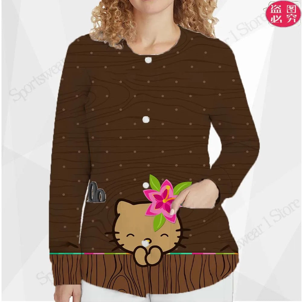 Casual Clothing Button Nurse Uniform Short Coat Fashion Cardigan Woman Round Neck Women Top New in External Clothes Jackets Y2k