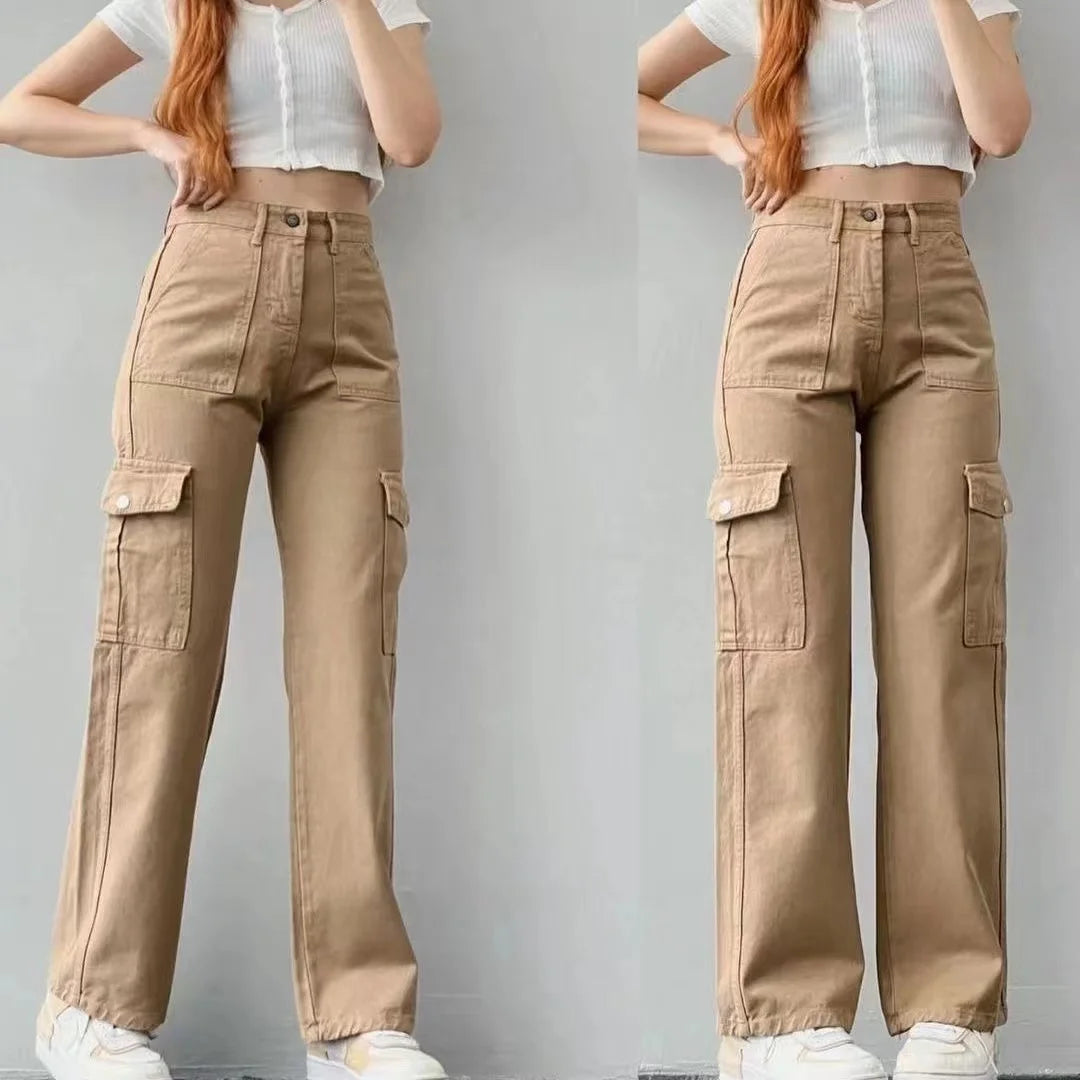 Y2K Women Vintage Cargo Pants Streetwear Techwear Korean Harajuku Parachute Pants Beige Sweatpants Wide Leg Joggers Trousers