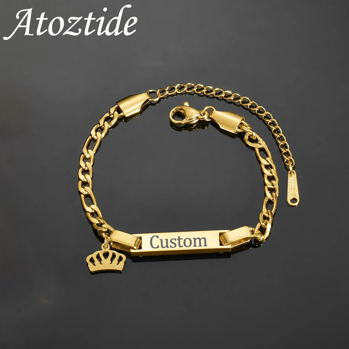 Atoztide Personalized Engrave Name Bracelet For Women Mother Kids Stainless Steel Heart Adjustable Figaro Chain Jewelry Gift