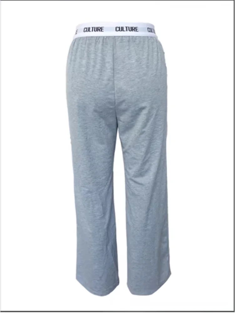Autumn High Waisted Slightly Elastic Pants Gray Letter Printed Sports Pants Casual Outdoor Women's Versatile Wide Leg Pants