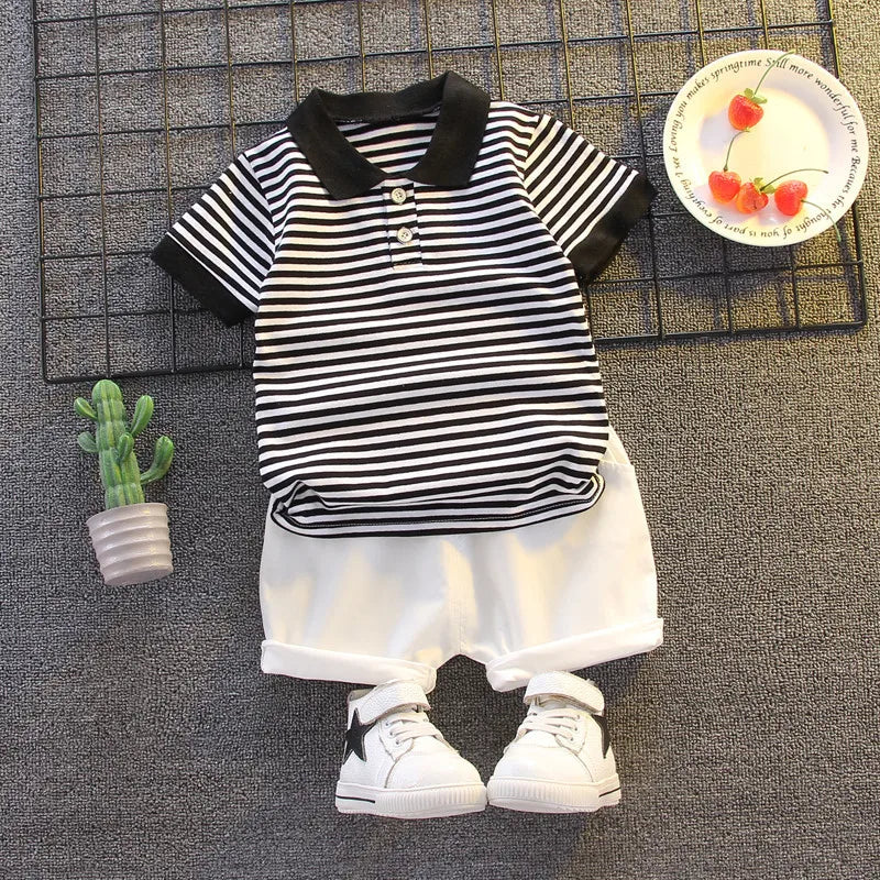 2025 Summer Baby Boys Clothing Set Cotton Striped Polo T-Shirt Shorts 2Pcs Casual Suit Toddler Boys Outfits Kids Tracksuits