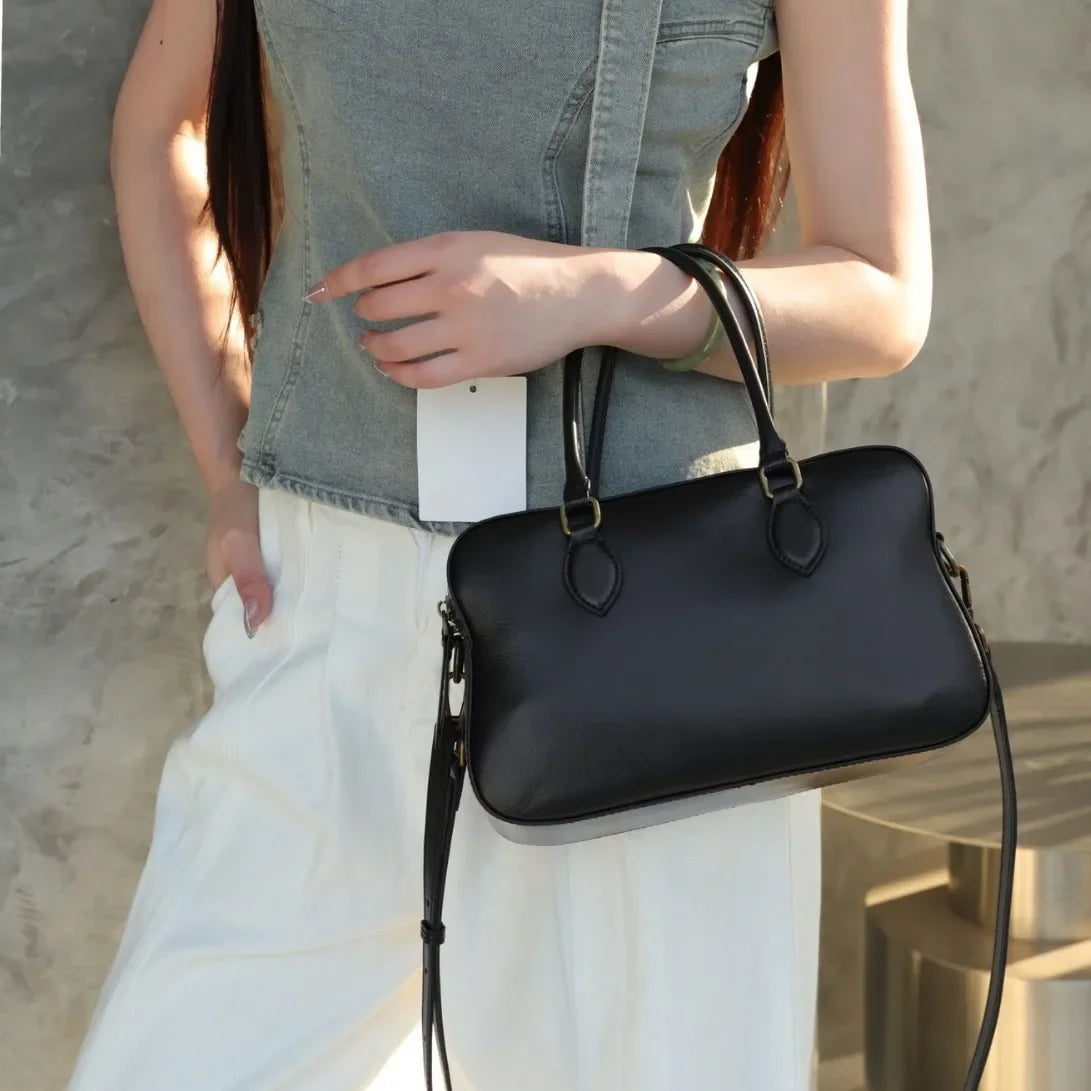 Casual Fashion Retro Handbag Single Shoulder Women's Bag Personality Bowling Boston Bag Simple Leather Handbag with Mobile Pocke