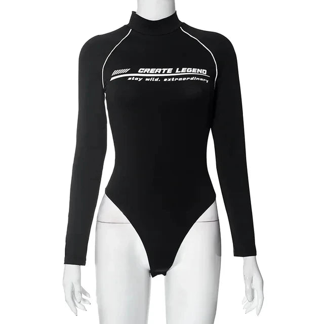 Long Sleeve Body Suits Women Fall Winter Clothes Letter Printed Black White Graphic Tops Y2k Streetwear
