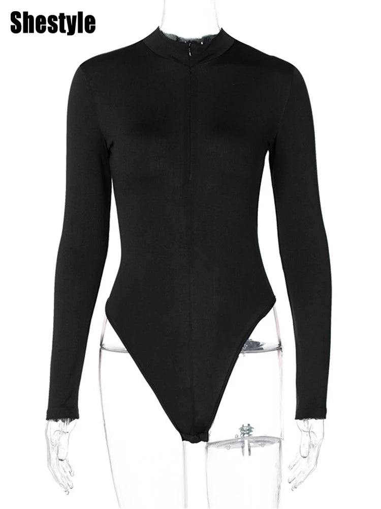 Shestyle Solid Zipper Bodycon Bodysuits Women Sexy Mock Neck Autumn Long Sleeve Fashion Slim Basic Body Winter Gray Outfits Lady