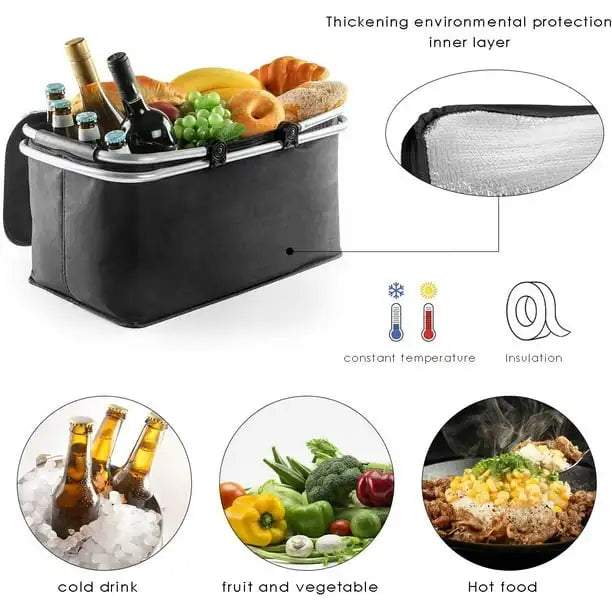 Outdoor Picnic Bag Large Insulated Picnic Bag with Aluminium Handle Water Resistant Leakproof Collapsible Portable Cooler Basket