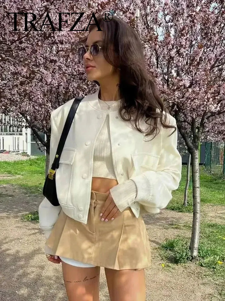 TRAFZA 2024 Woman Solid Bomber Jacket Long Sleeves Loose Single Breasted Cardigan Female Commute Streetwear Women's New In Coat
