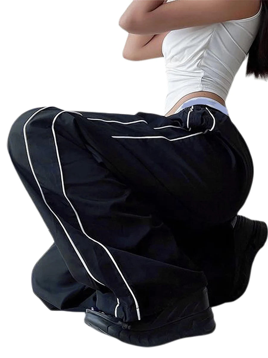 Women Loose Cargo Pants Casual y2k Solid Color Black Elastic Waist Wide Leg Joggers Trousers with Pockets for 2000s Streetwear