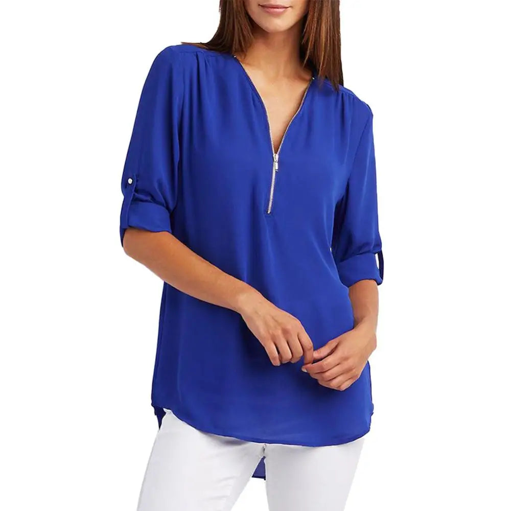 Loose Shirt Blouse Casual Solid Color Office Lady Sexy Zipper V Neck Half Sleeve Blouse