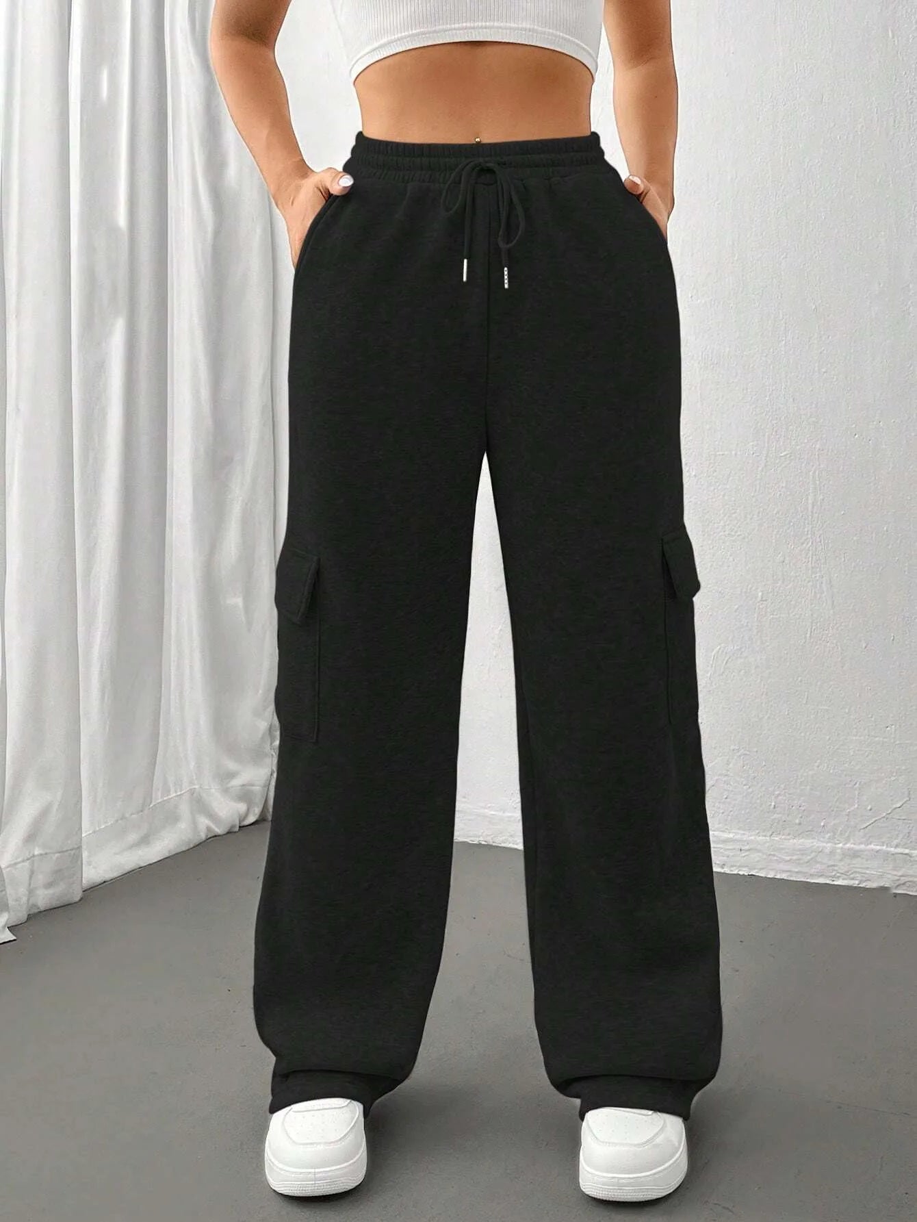 Women Gery Straight Leg Guard Pants Pockets Casual Elastic Waist With Drawstring 2024 Autumn Spring Black Trousers Pantalon