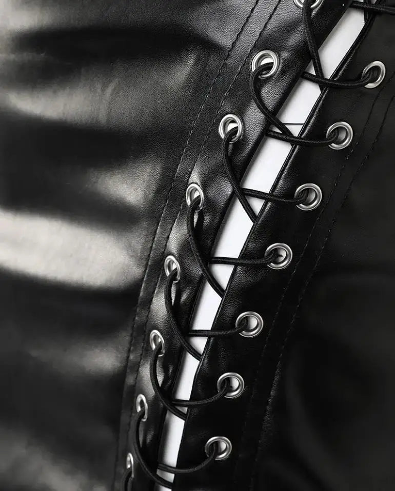 Skirts Woman Fashion 2022 High Waist Pu Leather Eyelet Lace-Up Skirt Sexy Black Hip Lift Slim Mini Dress Party Club Streetwear