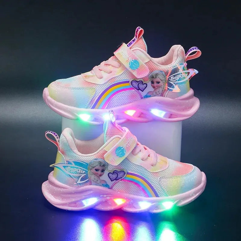 Disney Girls' Casual Shoes Led Lights Mesh Breathable Children's Sports Princess Elsa Pink Purple Shoes Sneakers Size 22-35