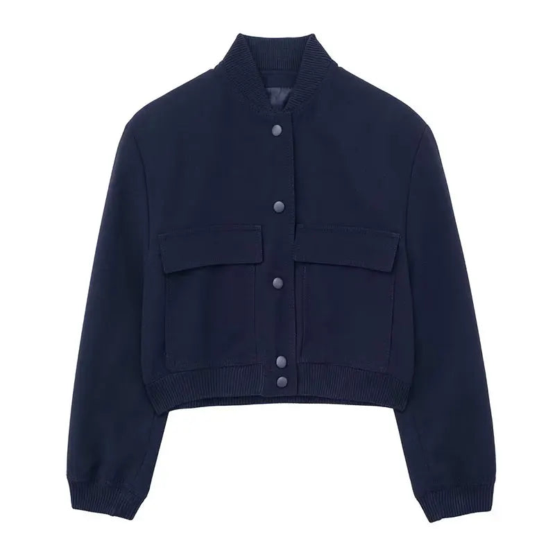 TRAFZA 2024 Woman Solid Bomber Jacket Long Sleeves Loose Single Breasted Cardigan Female Commute Streetwear Women's New In Coat