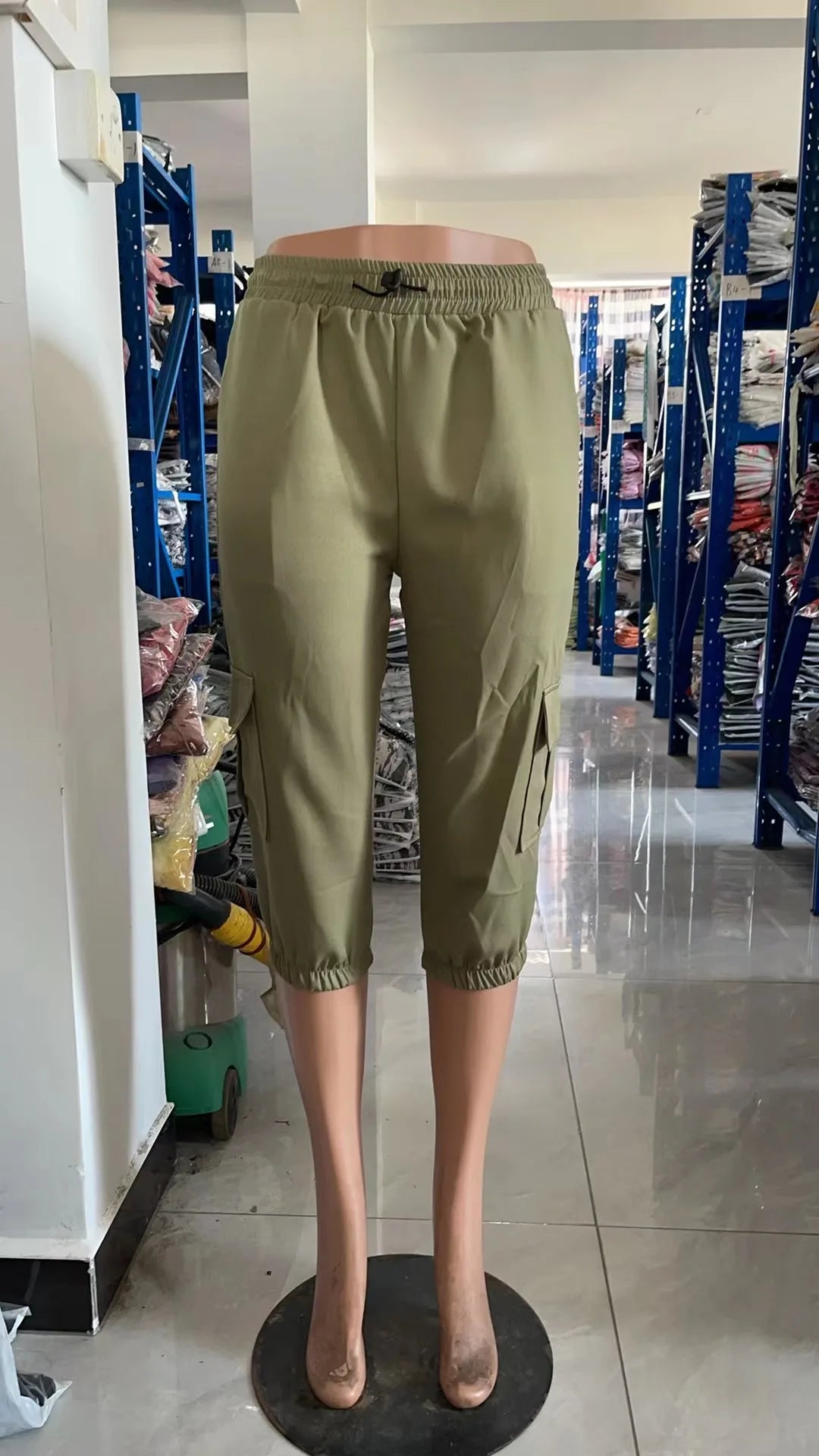 Women's Pants 2024 Summer Fashion Pocket Design Cuffed Drawstring Casual Plain High Waist Skinny Daily Knee-Length Pants