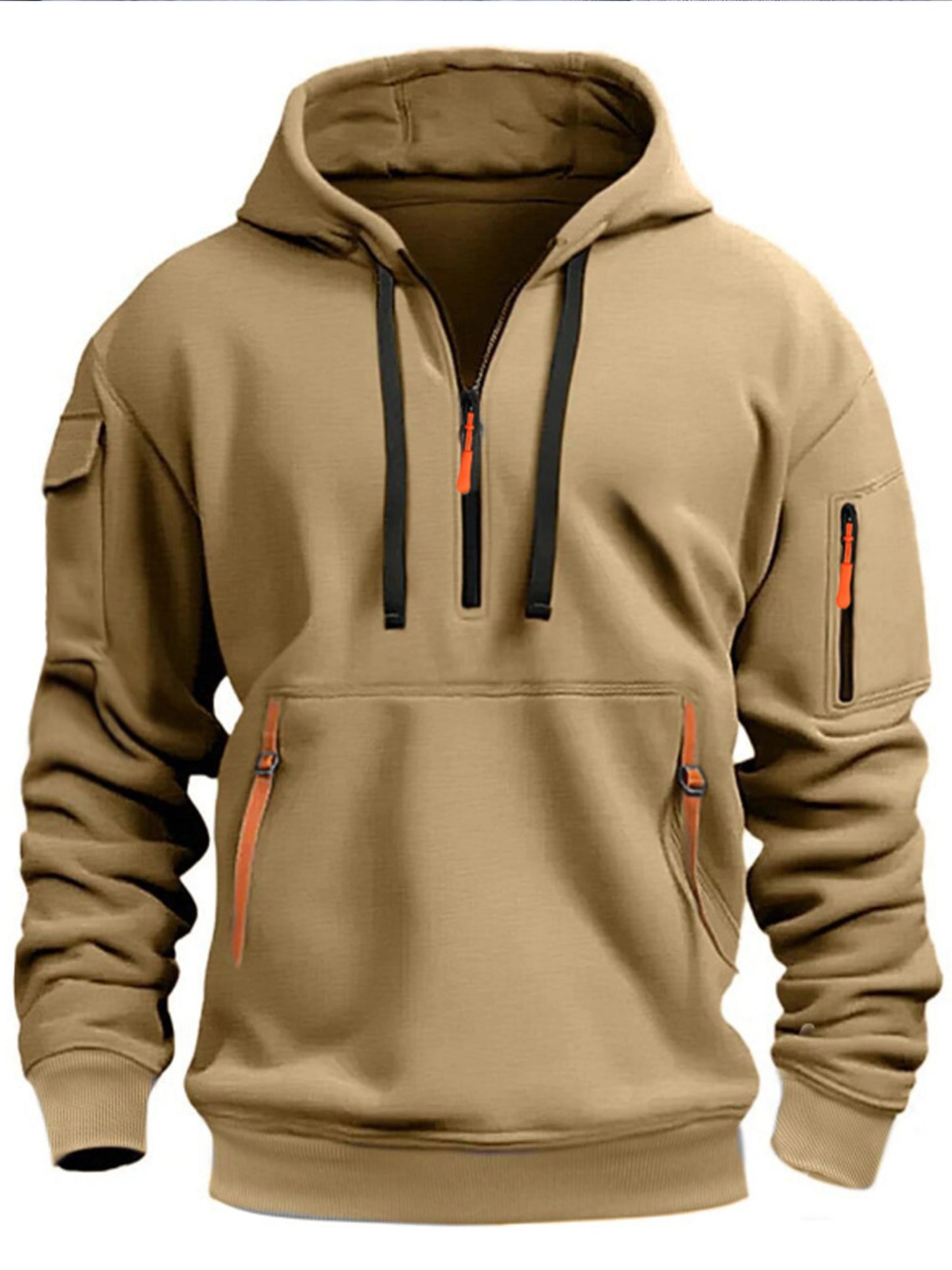 Men's casual sports hoodie, spring and autumn fashion arm pocket pull rope hooded solid color loose long-sleeved blouse pullover