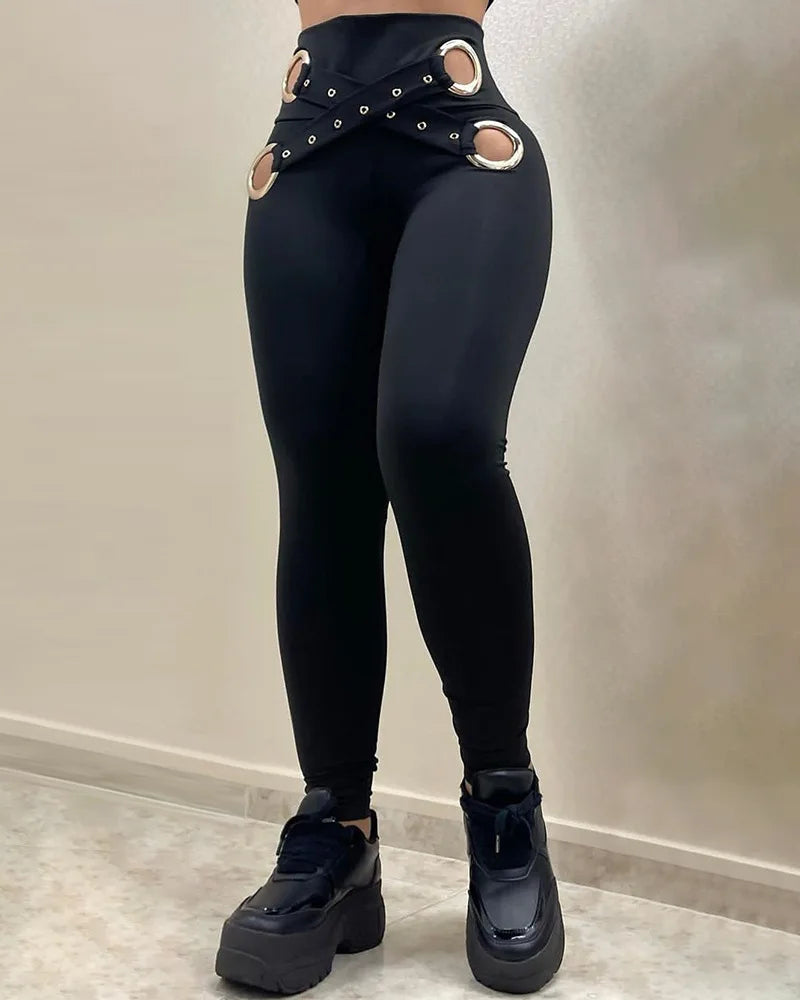 Tight Pants Women Streetwear Spring 2024 Casual Split Rivet Double Breasted Sexy Solid High Waisted Pencil Trousers for Female