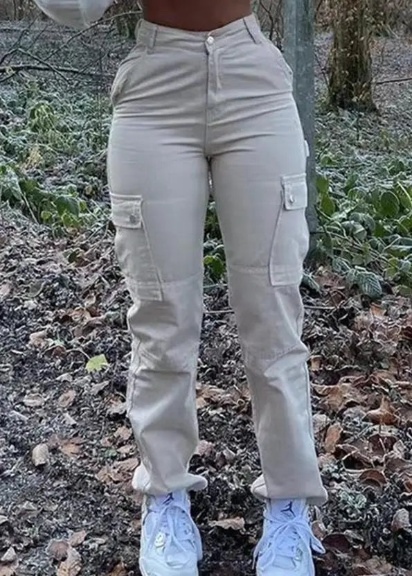 Women New Fashion Pocket Design High Waist Cargo Pants 2023 Cotton & Elastane Summer Women's Plain Daily Casual Trousers