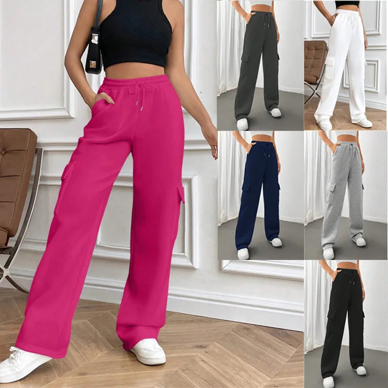 Women Gery Straight Leg Guard Pants Pockets Casual Elastic Waist With Drawstring 2024 Autumn Spring Black Trousers Pantalon