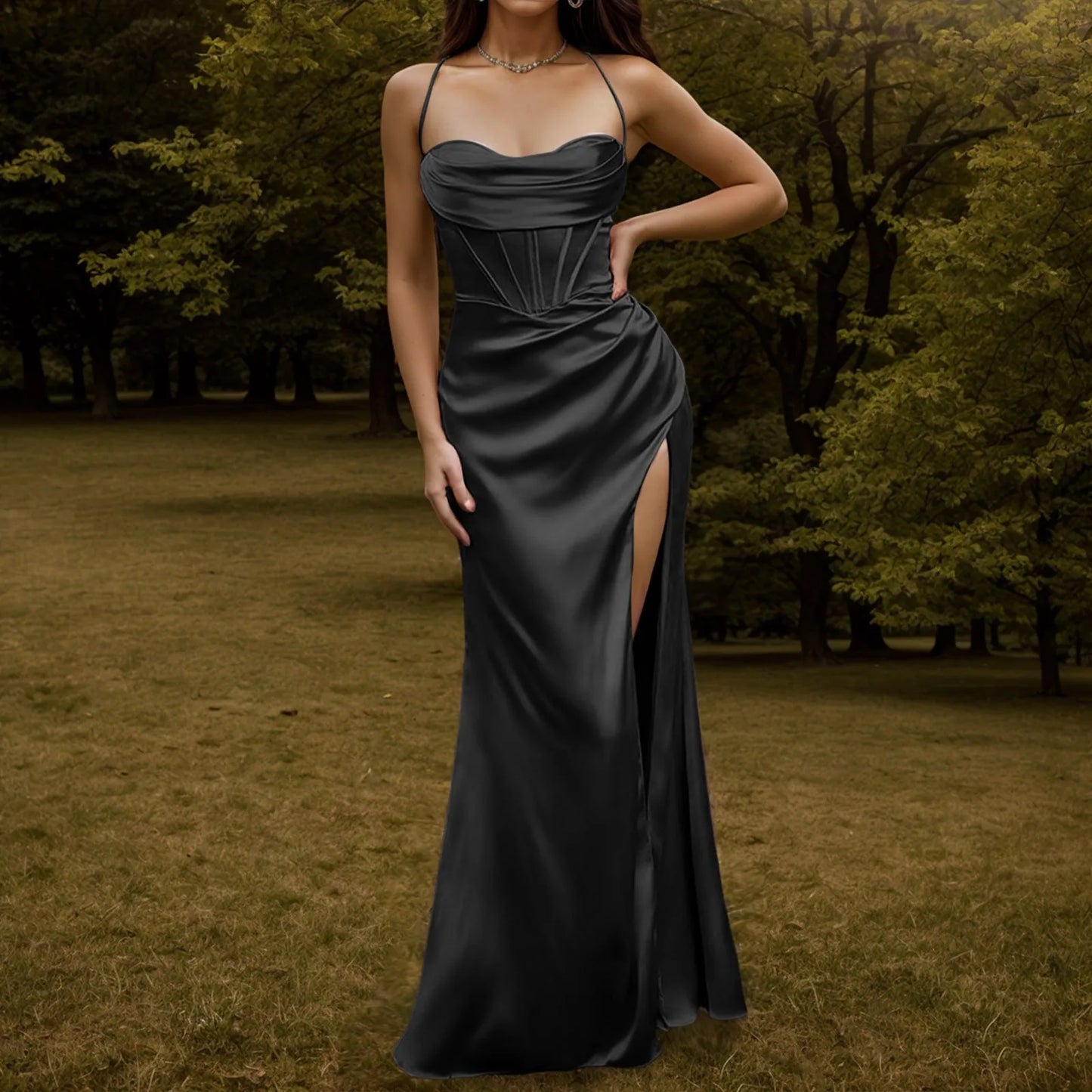 Sexy Backless Slit Suspender Formal Evening Dress Lace Up Solid High Waist Graduation Dress Elegant Party Dresses For Women 2023