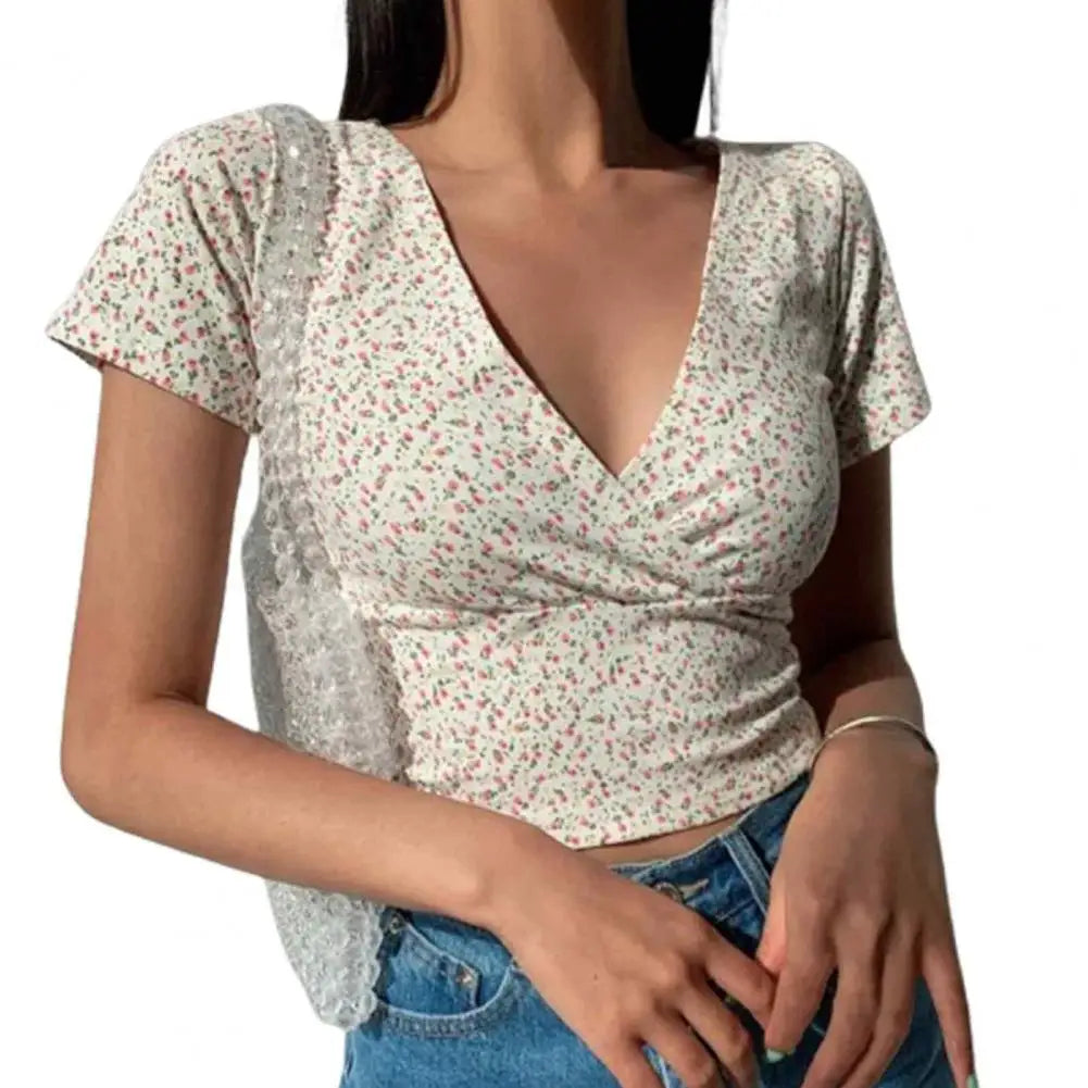 Women Blouse Retro Slim V Neck Tee Shirt Summer Top With Small Flower Print Waist-exposed Pullover Blouse