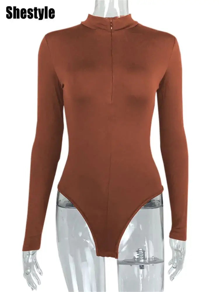 Shestyle Solid Zipper Bodycon Bodysuits Women Sexy Mock Neck Autumn Long Sleeve Fashion Slim Basic Body Winter Gray Outfits Lady