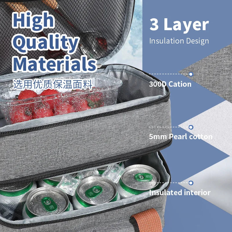 Large Capacity Double Layers Tote Cooler Lunch Bags,Thermal Insulation Picnic Bags,Waterproof Lunch Box with Shoulder Strap
