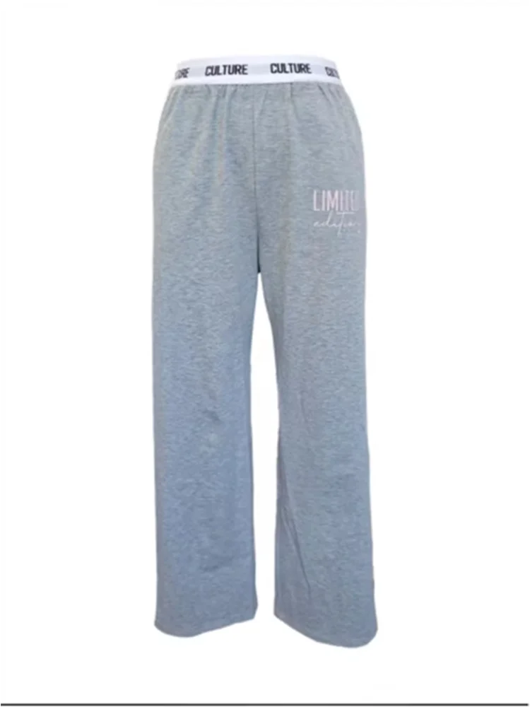 Autumn High Waisted Slightly Elastic Pants Gray Letter Printed Sports Pants Casual Outdoor Women's Versatile Wide Leg Pants