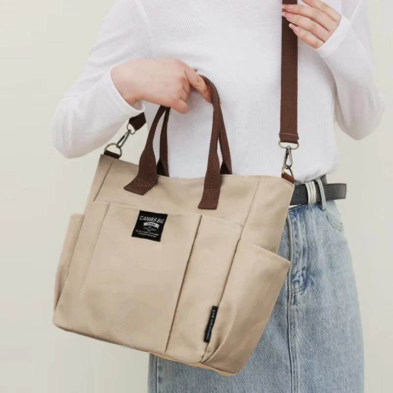 Urban Minimalist Female Student Large Capacity Commuting Horizontal Canvas Single Shoulder Diagonal Cross Portable Eco Bag