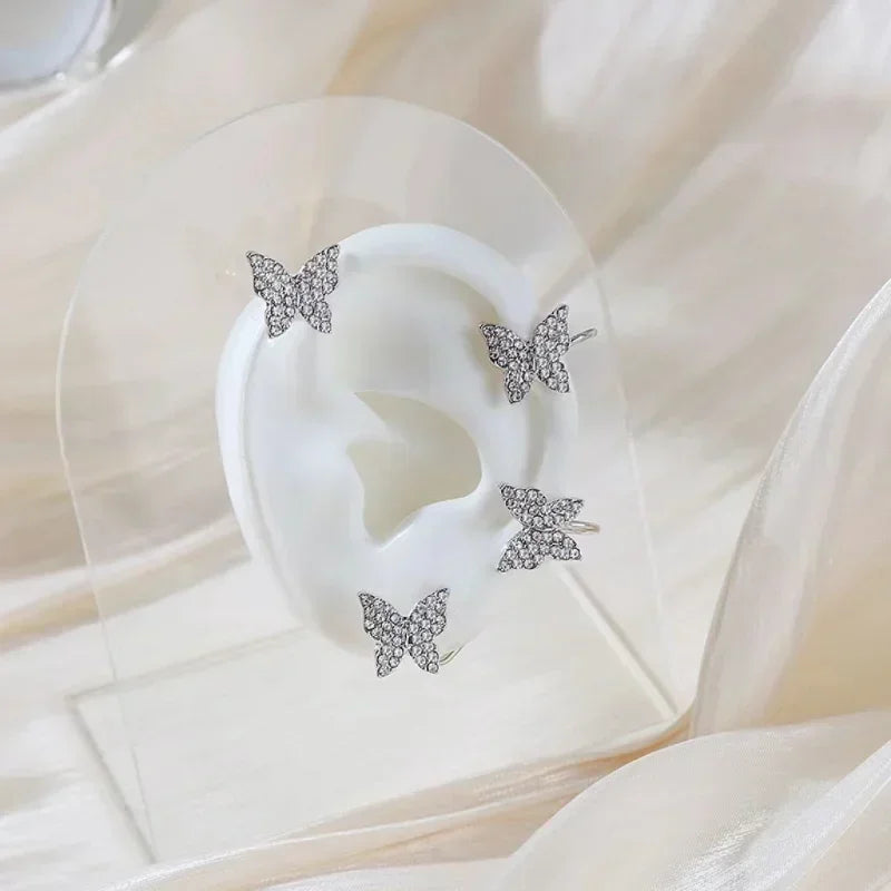 Silver Color Plated Metal Butterfly Ear Clips Without Piercing for Women Sparkling Zircon Ear Cuff Clip Earrings Wedding Jewelry