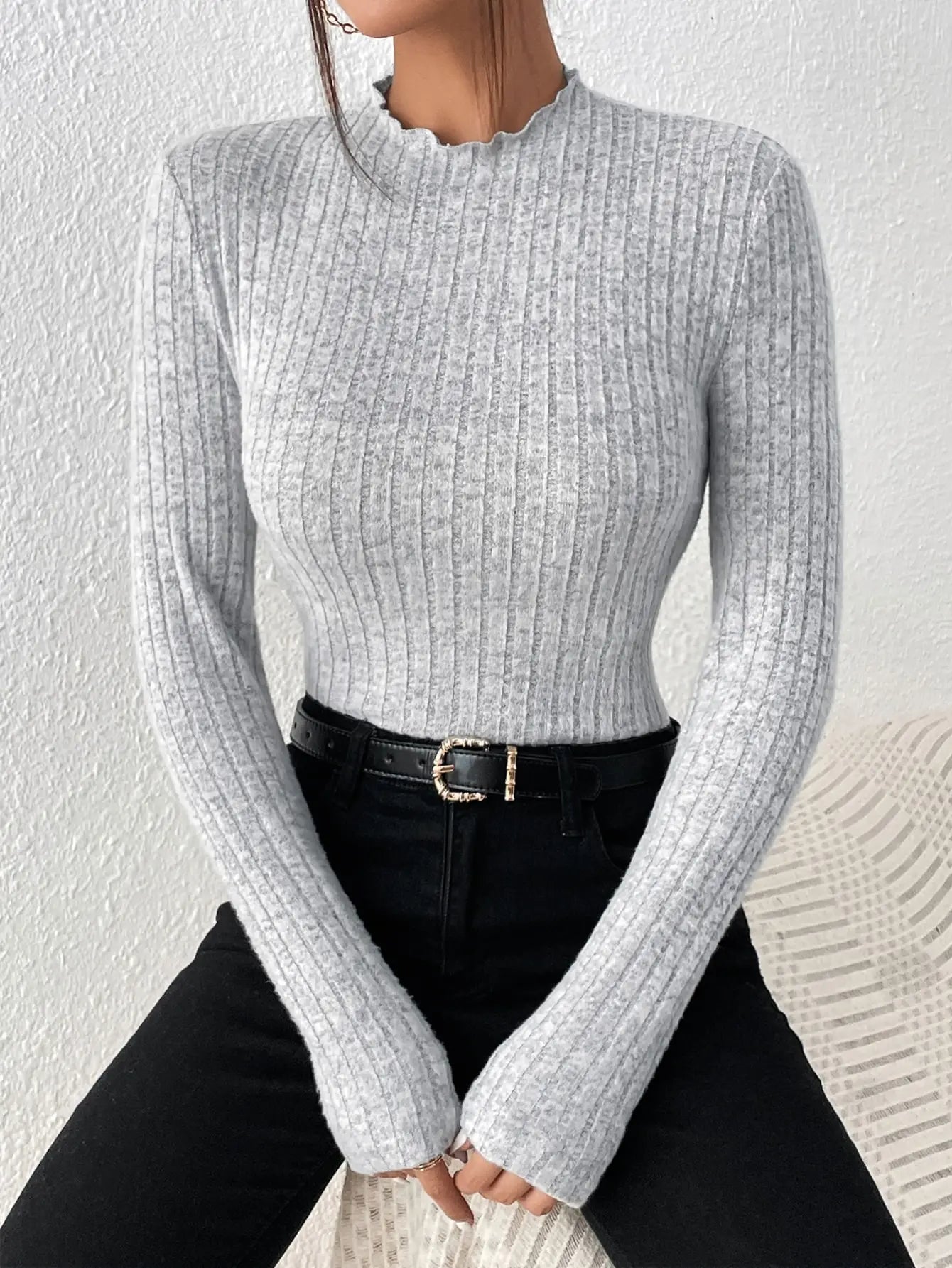 Fashion Slim Ruffle Neck Knit Long Sleeve Top, Lace Mid-Collar Women's Striped Bottom Shirt, Autumn and Winter Casual Sweater
