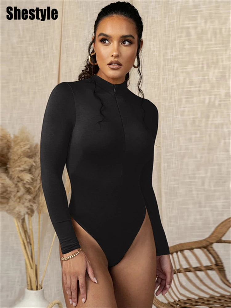 Shestyle Solid Zipper Bodycon Bodysuits Women Sexy Mock Neck Autumn Long Sleeve Fashion Slim Basic Body Winter Gray Outfits Lady