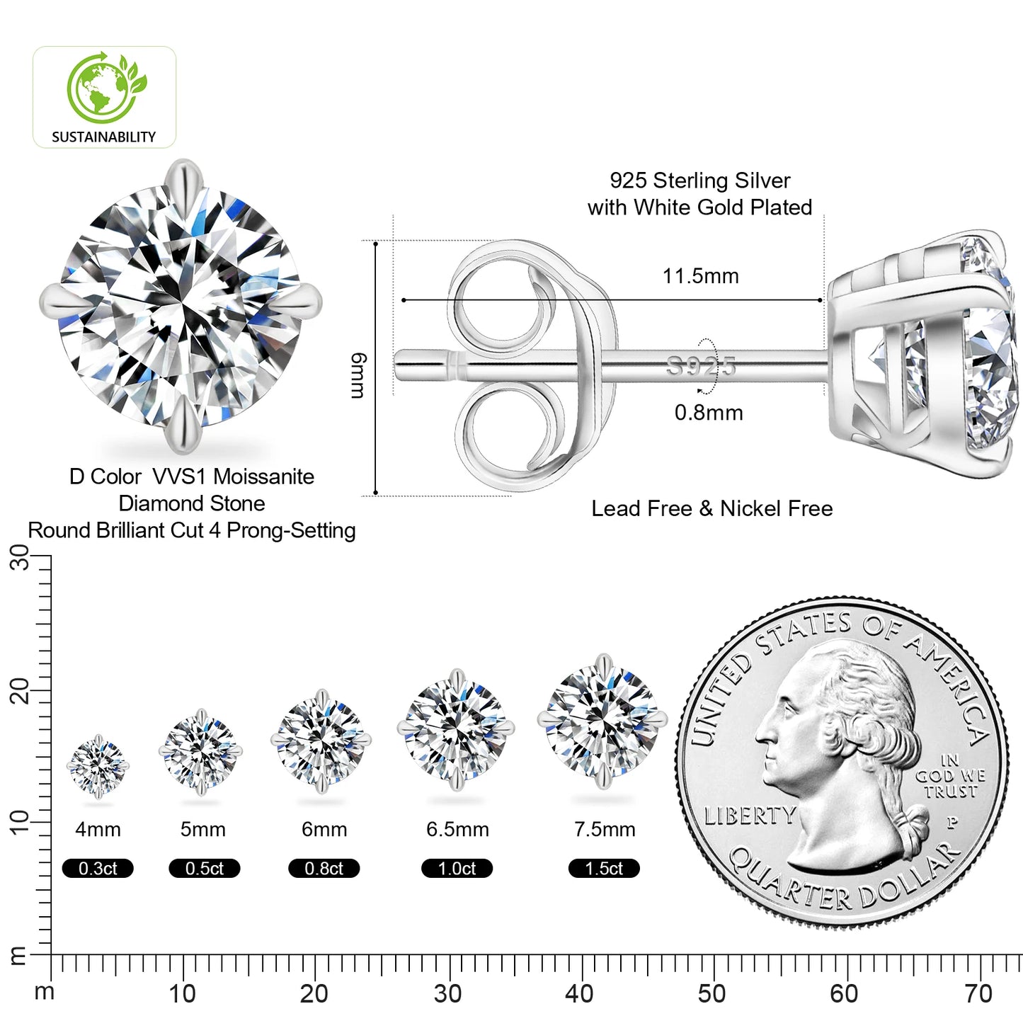 Sparkly VVS Moissanite Studs 14K White Gold Jewelry Christmas Gifts 925 Sterling Silver Lab Created Diamond Earrings for Women