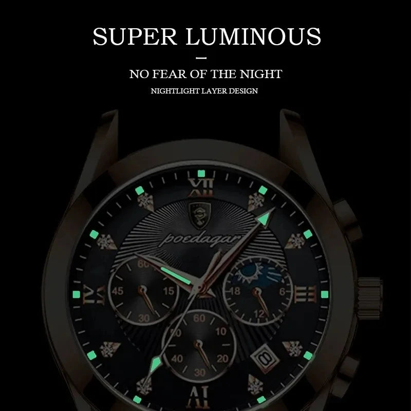 POEDAGAR 820 Watch Casual Chronograph Men's Watches Stainless Steel Band Business Wristwatch Quartz Clock With Luminous Pointers
