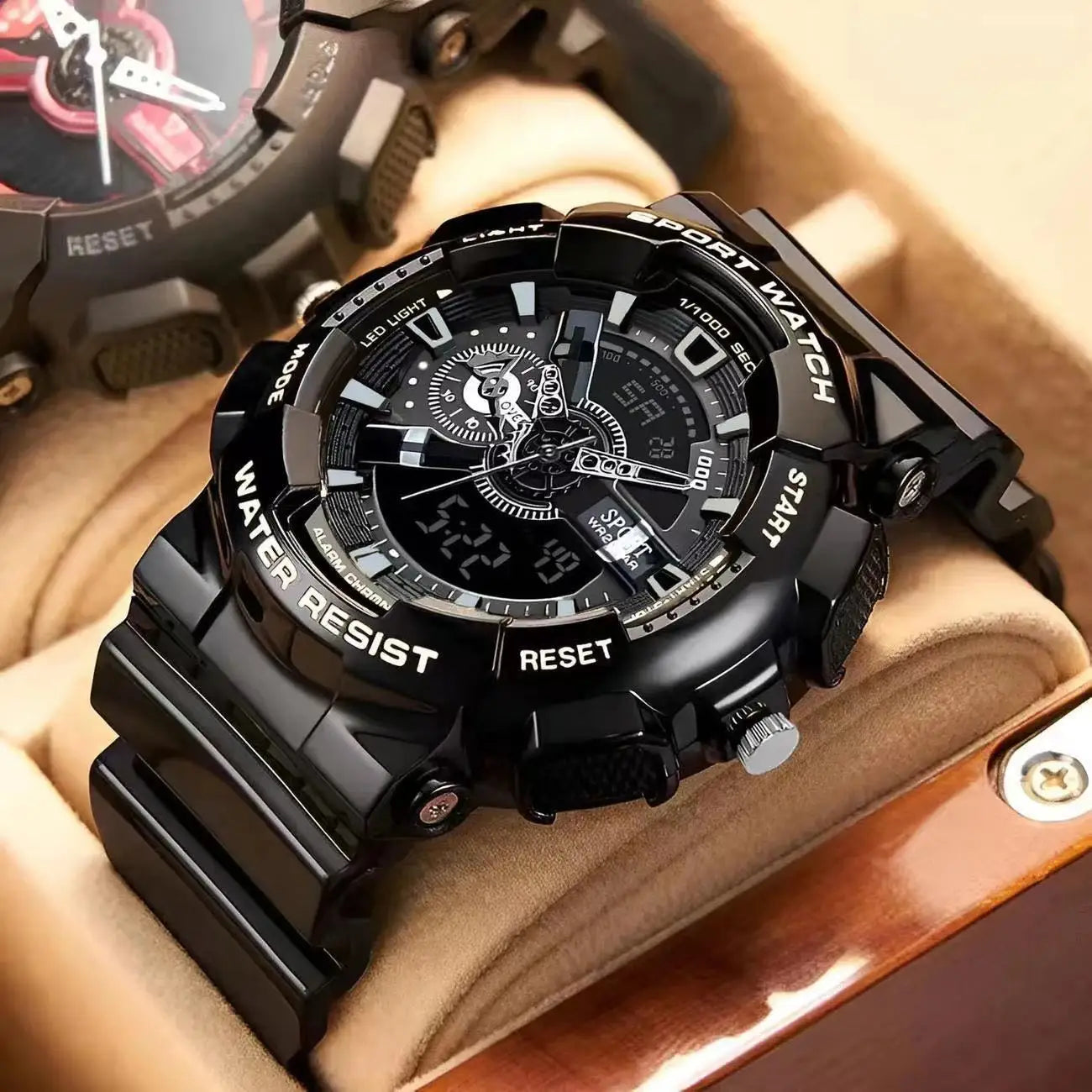Wholesale Trend Black Gold Electronic Watch Fashion Outdoor Sports Wristwatches Waterproof Dual Display Pointer Watch for Men. Minimum order 2