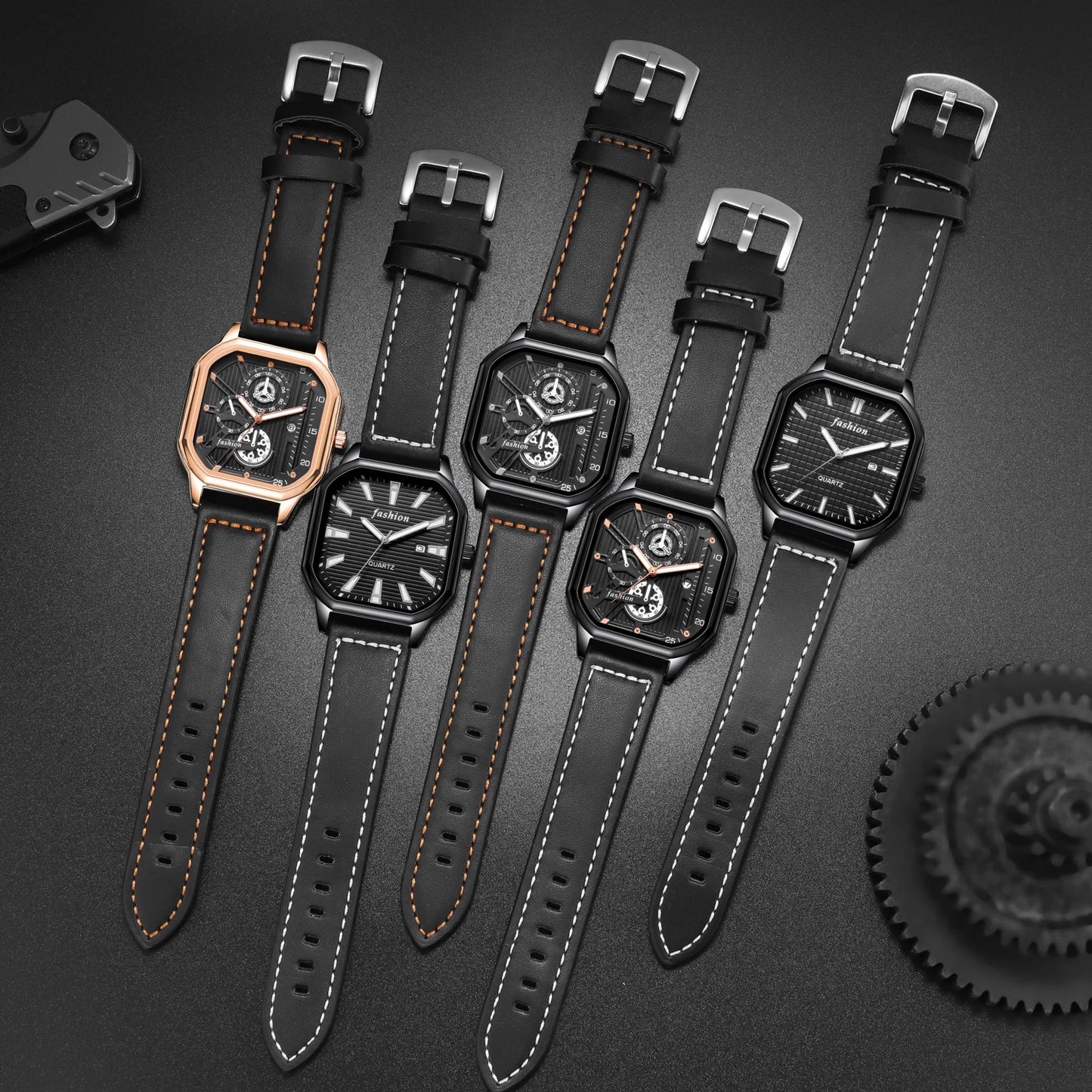 Top Brand Men's Watch with Leather Belt Casual Square Big Dial Black Sport Wristwatch Luxury  Waterproof  Luminous  Watches. Minimum order 2