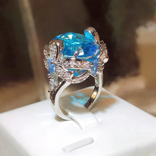 Fashion Jewelry KYRA01718 Luxurious Sea Blue Big Zircon Resizable Ring Design for Women minimum order 2