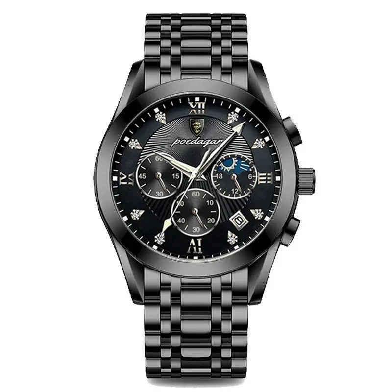 POEDAGAR 820 Watch Casual Chronograph Men's Watches Stainless Steel Band Business Wristwatch Quartz Clock With Luminous Pointers