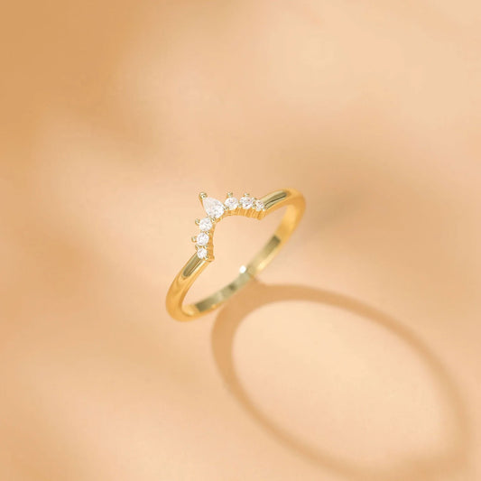 14K Gold Plated Copper Ring Women Wedding Rings V Shape Cubic Zirconia Stackable Eternity Fashion Jewelry Ring